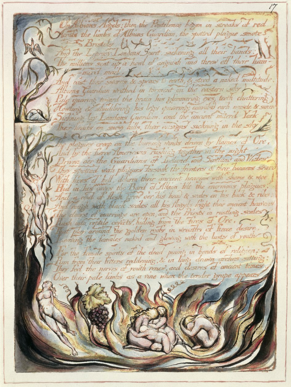 在阿尔比恩的天使，从美国，预言，1593（在纸上的救济蚀刻和wc）板15 作者 威廉·布雷克