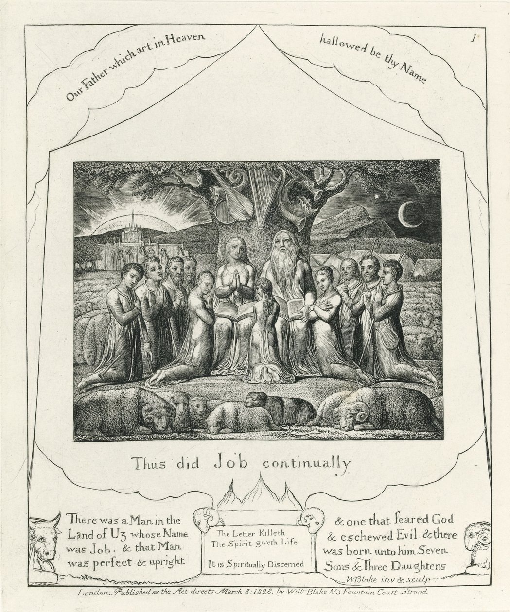 板块1，约伯和他的家人，“约伯记”中的插图，1825年（纸上的黑色碳墨） 作者 威廉·布雷克