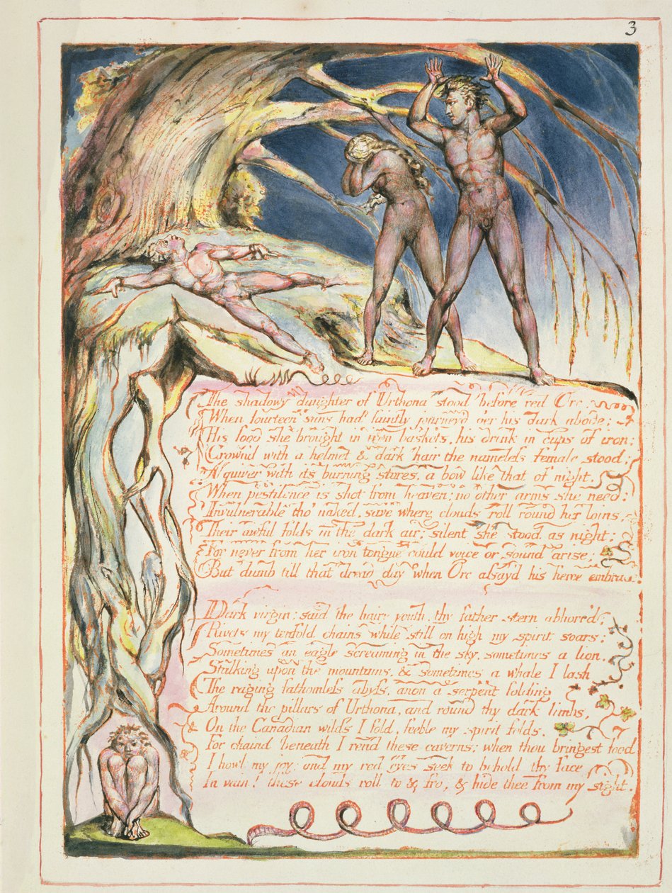 Preludium，来自&39;America，a Prophecy&39;的板1，1793（在纸上的浮雕蚀刻和wc） 作者 威廉·布雷克