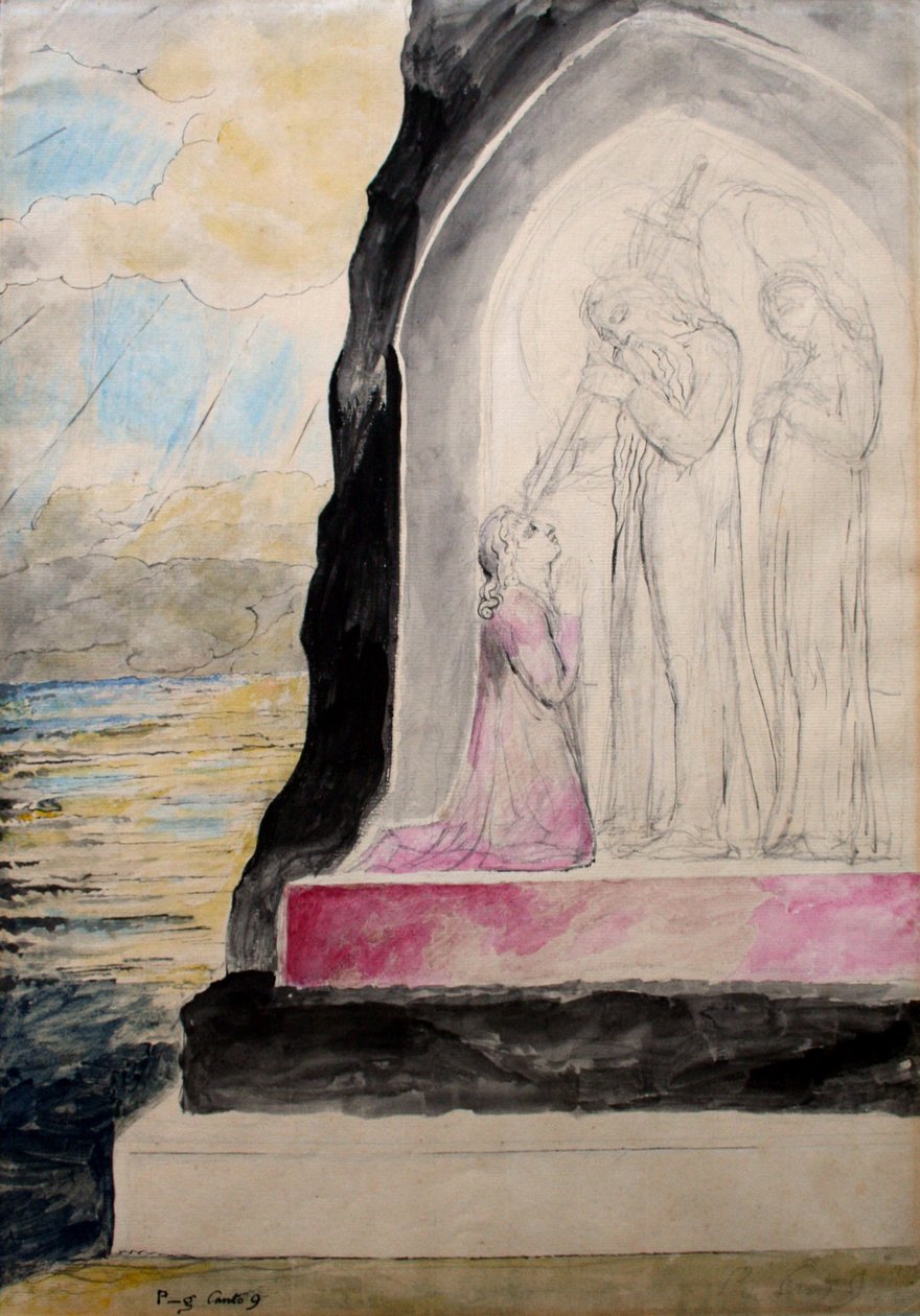 天使与剑标记但丁与Sevenfold&39;，插图来自&39;Purgatorio&39;，但丁的神曲，1825-27（笔和墨水与纸上的wc） 作者 威廉·布雷克