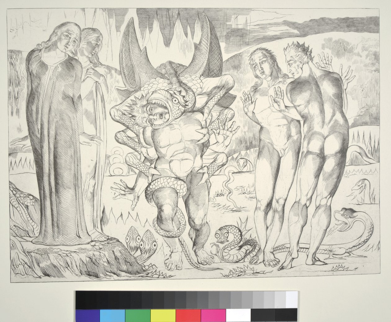 盗贼之圈：Agnolo Brunelleschi被一只六足蛇，Inferno，Canto XXV攻击，由Dante Alighieri拍摄的“神曲”，1838年 作者 威廉·布雷克