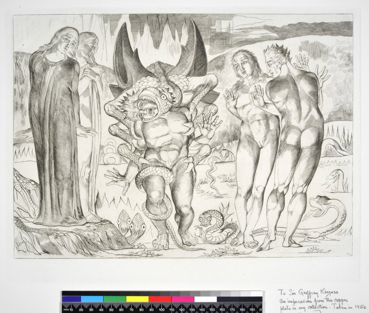 盗贼圈：Agnolo Brunelleschi被六足蛇Inferno攻击，Canto XXV，Dante Alighieri的“神曲”故事，1954年 作者 威廉·布雷克
