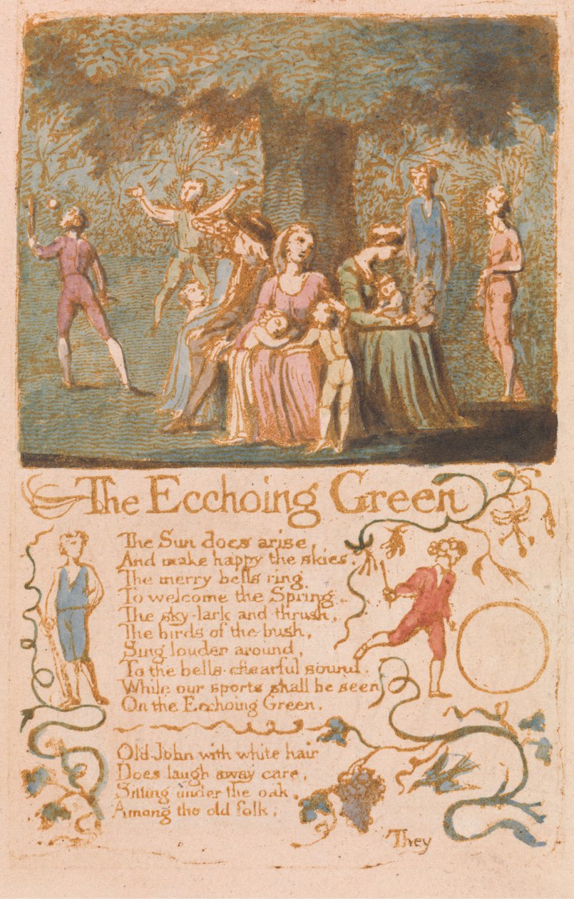 The Ecchoing Green，1789年来自纯真之歌的板块10（在纸上用wc进行浮雕蚀刻） 作者 威廉·布雷克