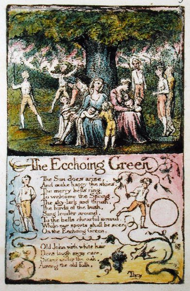 The Echoing Green，板5（Bentley 6）来自纯真之歌和体验（Bentley Copy L）1789-94（用笔和wc凸起蚀刻） 作者 威廉·布雷克