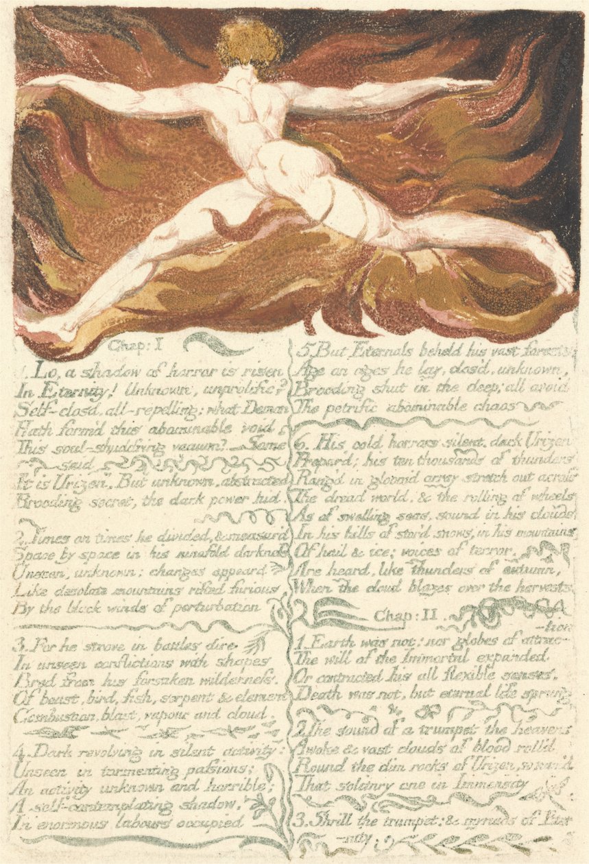 Urizen的第一本书，第3章，第一章I. Lo，a shadow ..，1794（用wc进行浮雕蚀刻） 作者 威廉·布雷克