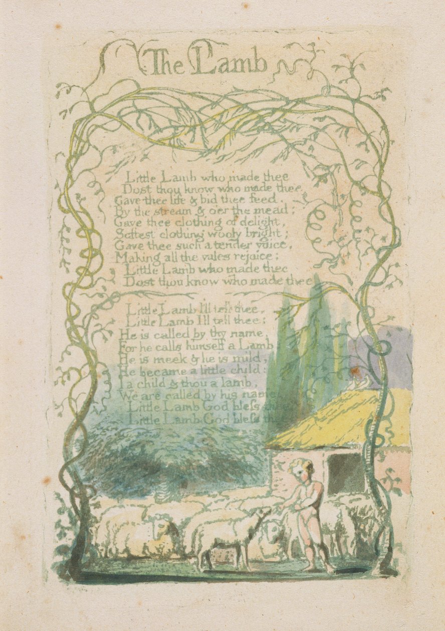 &39;The Lamb，&39;1789年来自&39;纯真之歌&39;的第17页（用水彩画手工彩色浮雕蚀刻） 作者 威廉·布雷克
