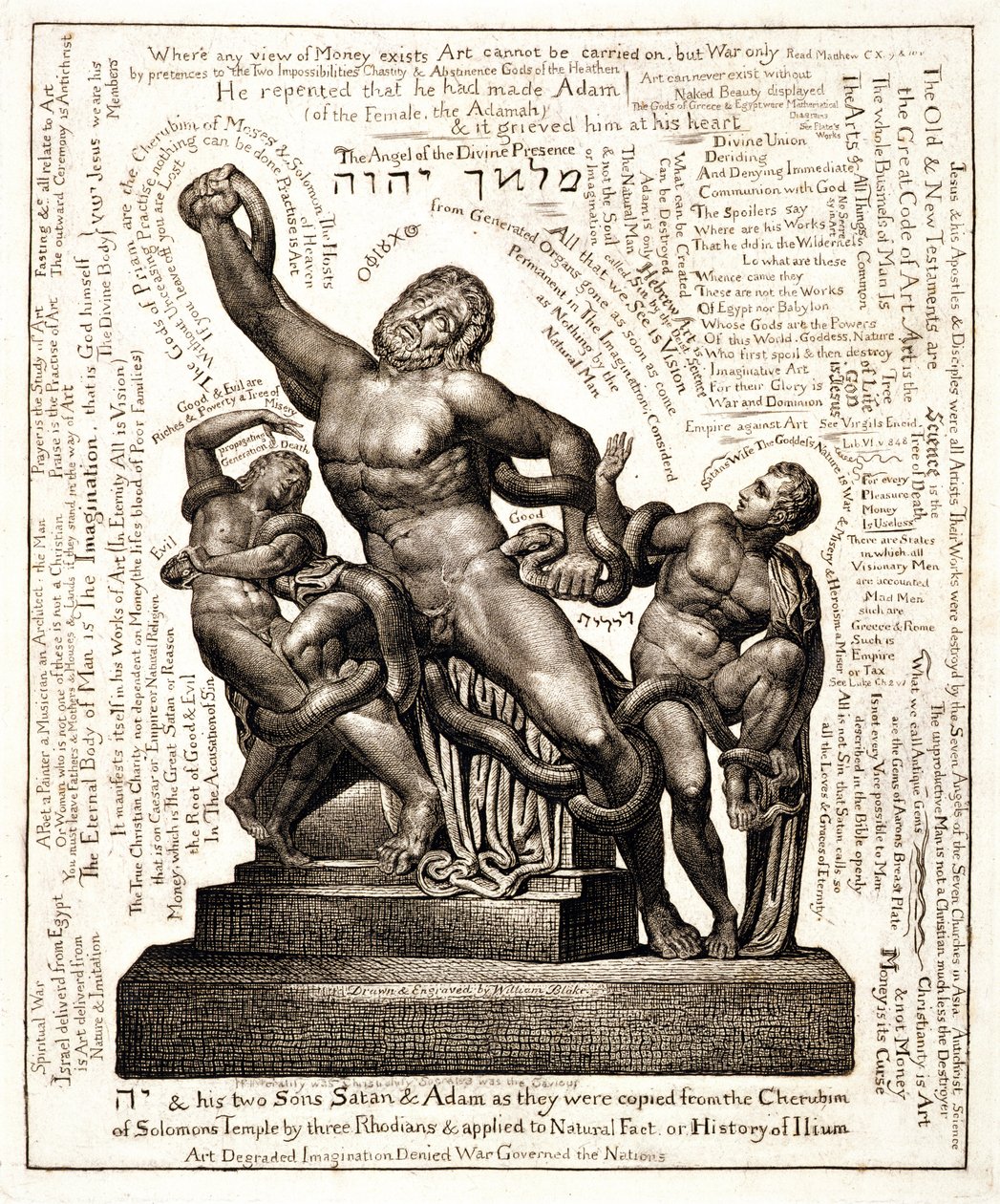 作为耶和华与拉撒和亚当的Laocoon，1820年（线条雕刻） 作者 威廉·布雷克