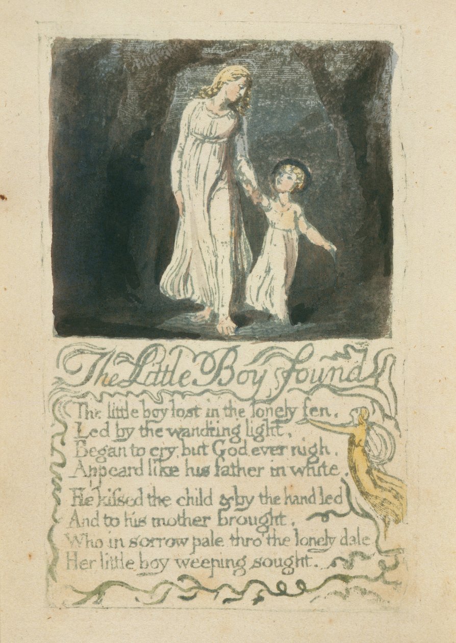 小男孩发现，1789年从纯真的歌曲，1789年（用水彩手工彩色浮雕蚀刻） 作者 威廉·布雷克