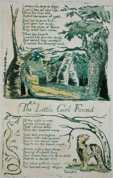 The Little Girl Lost and Leopards，tygers play ...，The Little Girl Found 17 of the Songs of Innocence，1789（手绘彩色浮雕蚀刻水彩画） 作者 威廉·布雷克