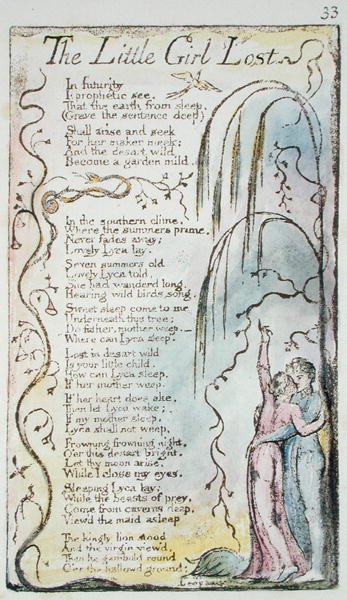 失落的小女孩，从纯真的歌曲和经验（Bentley Copy L）1789-94（用笔和wc进行浮雕蚀刻）的33号板（Bentley 34） 作者 威廉·布雷克