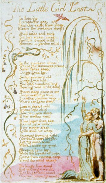 失落的小女孩，1789年从纯真的歌曲中获得第5页（在纸上用wc进行浮雕蚀刻） 作者 威廉·布雷克