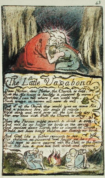 The Little Vagabond，第43页（Bentley 45），来自纯真之歌和体验（Bentley Copy L）1789-94（用笔和wc进行浮雕蚀刻） 作者 威廉·布雷克