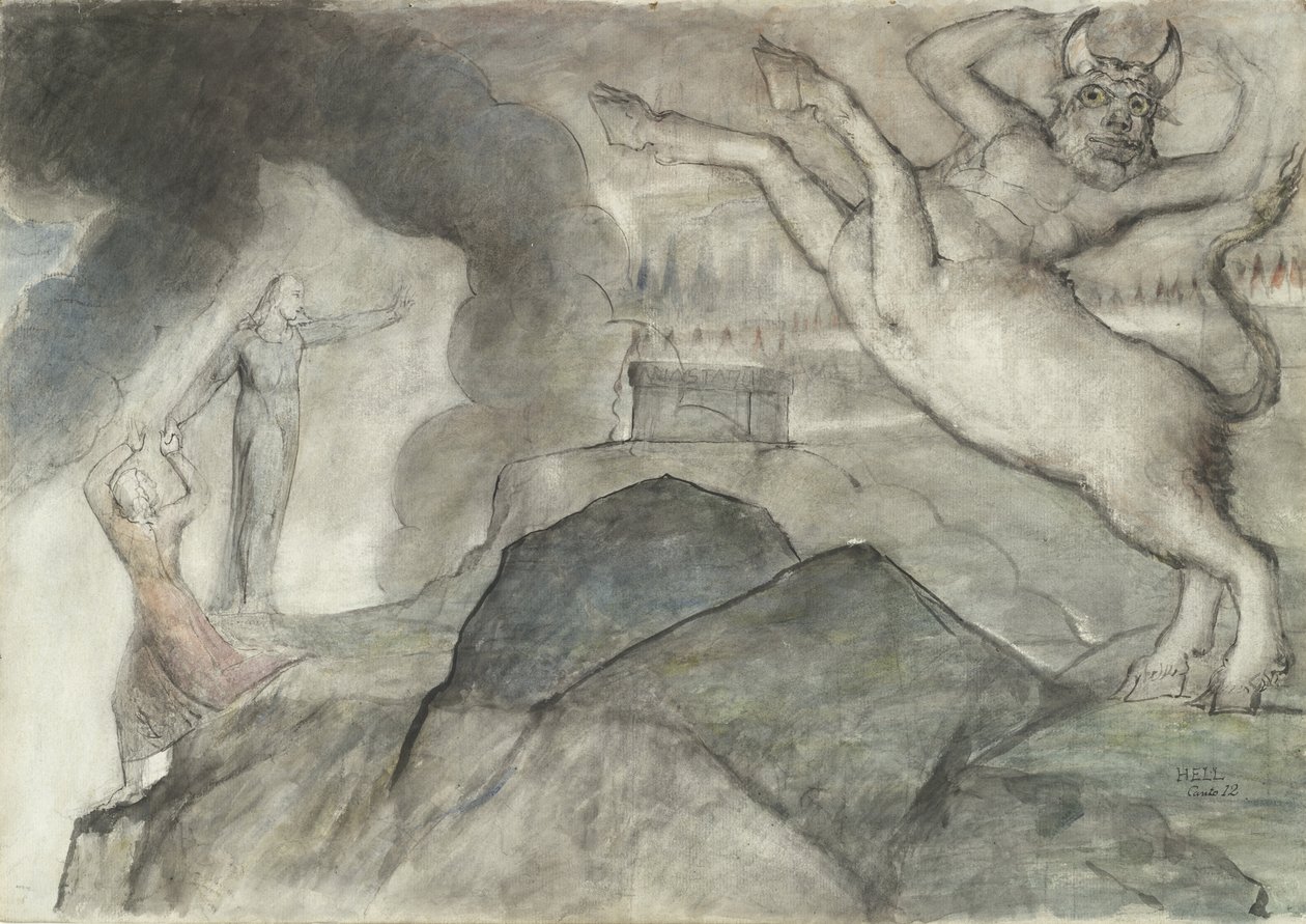 牛头怪，由Dante Alighieri绘制的神圣喜剧插图，1824-27（笔和墨水与铅笔和粉笔在纸上） 作者 威廉·布雷克
