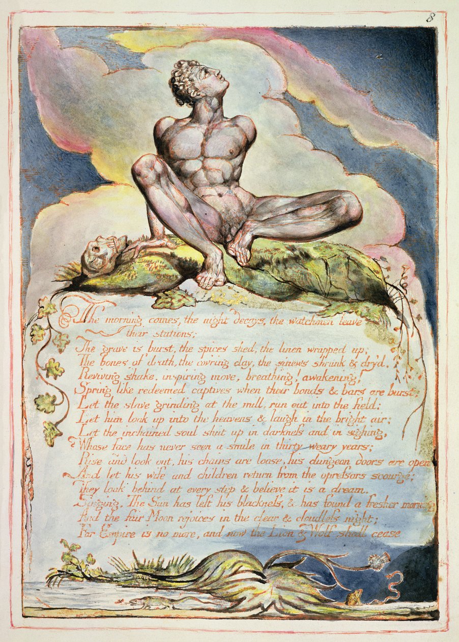 早晨来临，来自&39;美国，一个预言&39;的板块6，1793年（在纸上的浮雕蚀刻和wc） 作者 威廉·布雷克