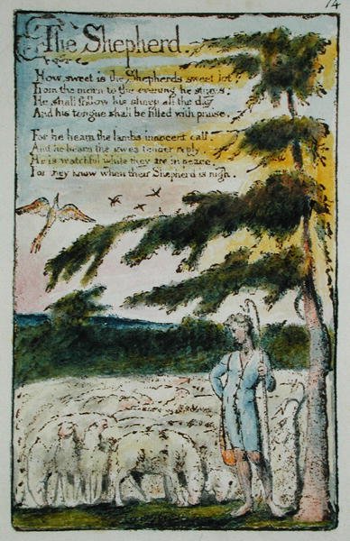 牧羊人，来自纯真和经验之歌的插图，（Bentley Copy L）第14页（Bentley 5）1789-94（在纸上用笔和纸张进行浮雕蚀刻） 作者 威廉·布雷克