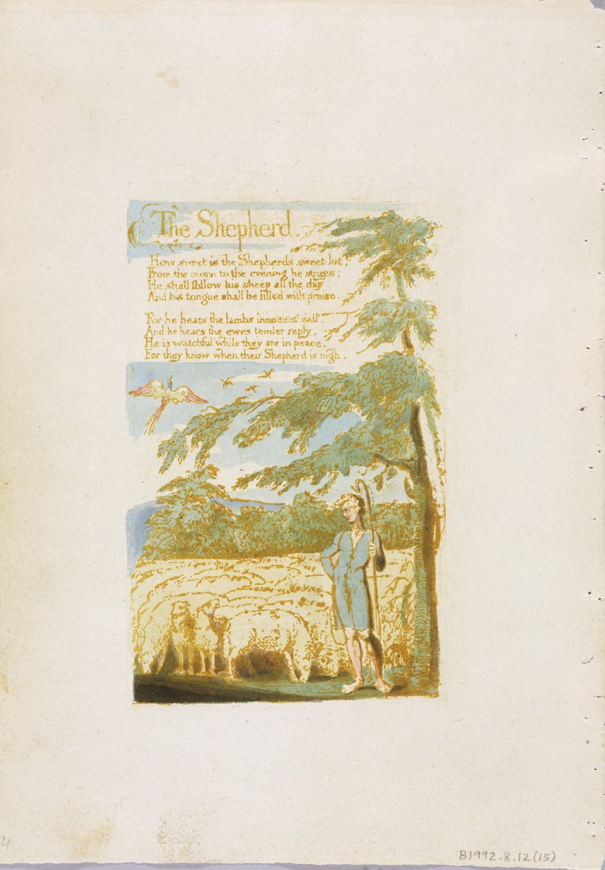 “牧羊人”，1789年的&39;纯真之歌&39;中的第15页（用纸上的wc进行浮雕蚀刻） 作者 威廉·布雷克