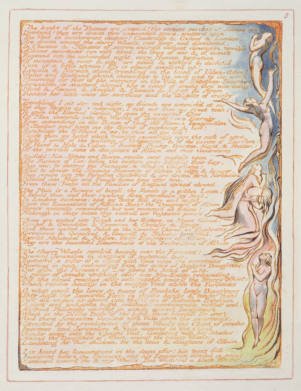 “泰晤士河畔......”，“耶路撒冷”中的第5页，1804-20（用笔和黑色印刷的橙色浮雕蚀刻） 作者 威廉·布雷克