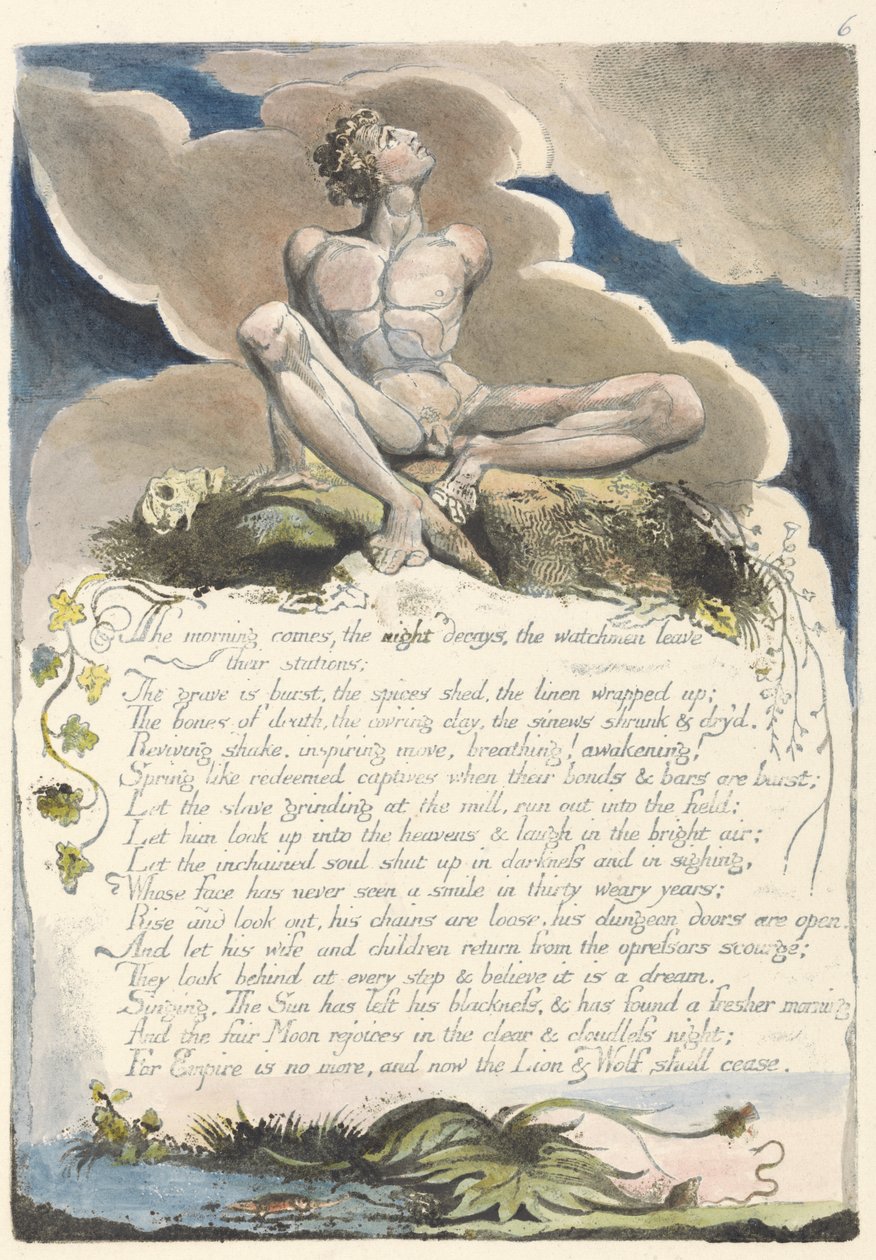 早上来了......，来自美国的第8块板块：预言，1793年（用笔和墨水和wc打印的黑色浮雕蚀刻） 作者 威廉·布雷克