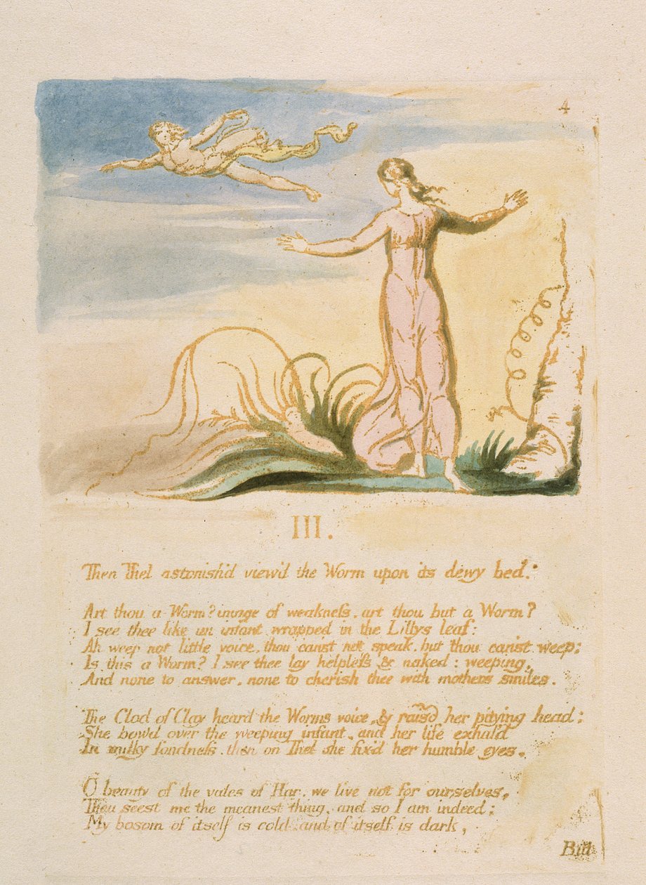 “然后Thel吃惊了......”，1789年的“The Book of Thel”中的第6页（用wc印刷的棕色凹凸蚀刻） 作者 威廉·布雷克