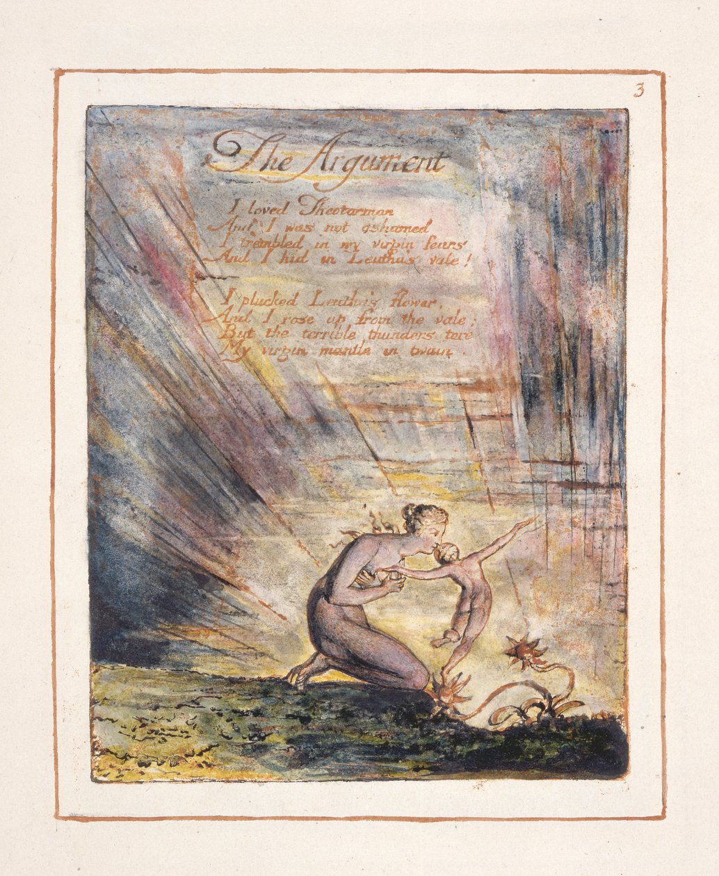 Albion的女儿们的愿景：&39;The Argument&39;，第3页，设计于1793年，完成了1815年（用纸笔和纸张进行浮雕蚀刻） 作者 威廉·布雷克