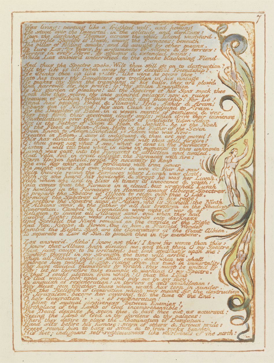 生活：气喘吁吁......，耶路撒冷7号盘，1804-20（用笔和wc打印的橙色浮雕蚀刻） 作者 威廉·布雷克