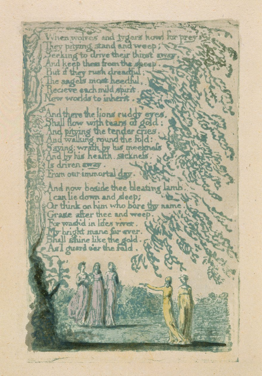 “当狼群和大佬们......”，1789年的“纯真之歌”中的30页（用水彩画手工彩色浮雕蚀刻） 作者 威廉·布雷克