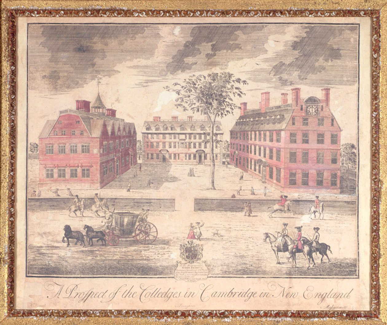 新英格兰剑桥大学的前景，雕刻归功于约翰哈里斯（1786-1740），1726年（手工彩色雕刻） 作者 威廉·伯吉斯