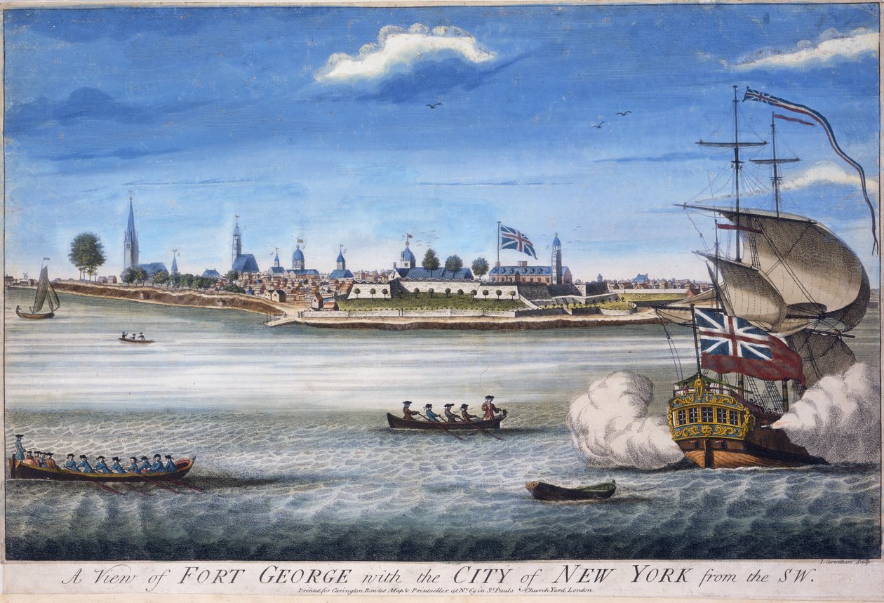 从乔治·卡维塔姆（John Carwitham）雕刻的乔治堡（Fort George）与纽约市西南部的景色。 1764年手工雕刻 作者 威廉·伯吉斯