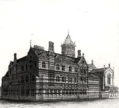 新学校，橄榄球 - 从西北方向看，1867-84（水彩和铅笔在纸上） 作者 威廉·巴特菲尔德