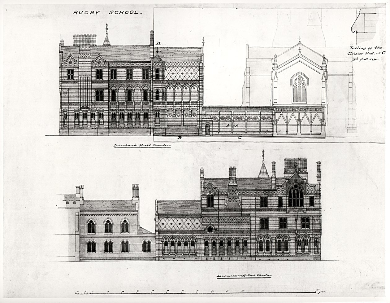 西部和北部海拔，新学校，橄榄球学校，1867年（黑色墨水，铅笔和卫生间） 作者 威廉·巴特菲尔德
