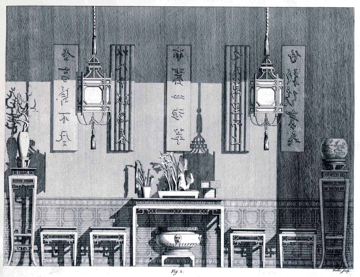 室内，钱伯斯，威廉爵士（1723-96）来自中国建筑设计，1759年，黑白雕刻 作者 威廉·钱伯斯
