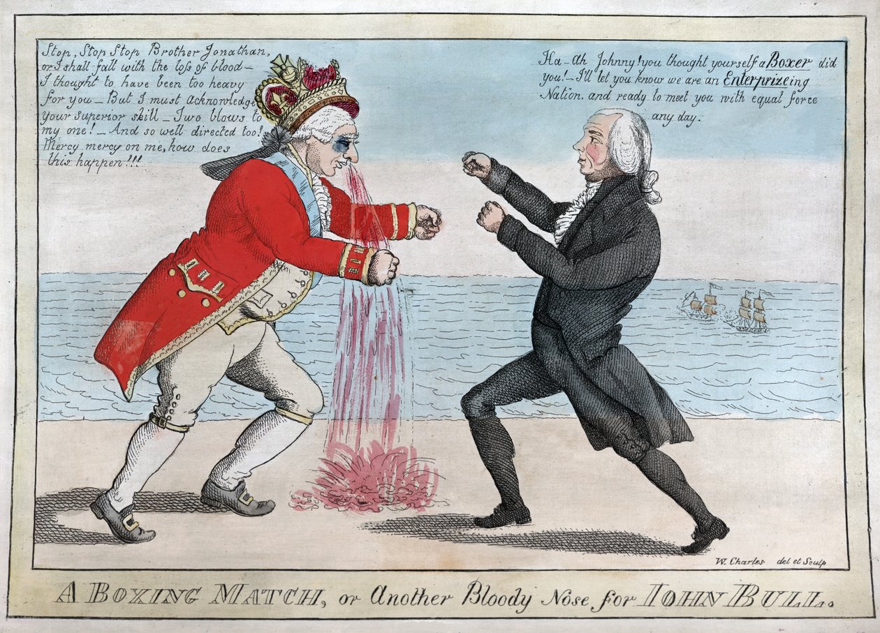 一场拳击比赛或另一个血腥的鼻子为John Bull，酒吧。 1813年（手工彩色雕刻） 作者 威廉·查尔斯