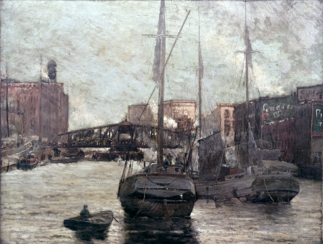 显示克拉克街桥梁的芝加哥河的看法，1910-12 作者 威廉·克劳斯曼
