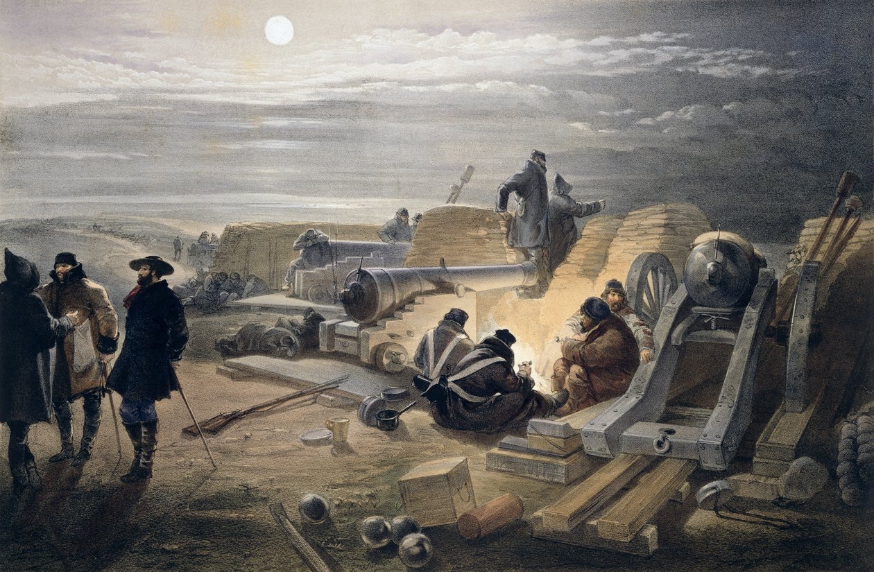 电池中的安静之夜，来自“东方战争之座”，由Colnaghi and Co.出版，1856年 作者 威廉·克里米亚·辛普森