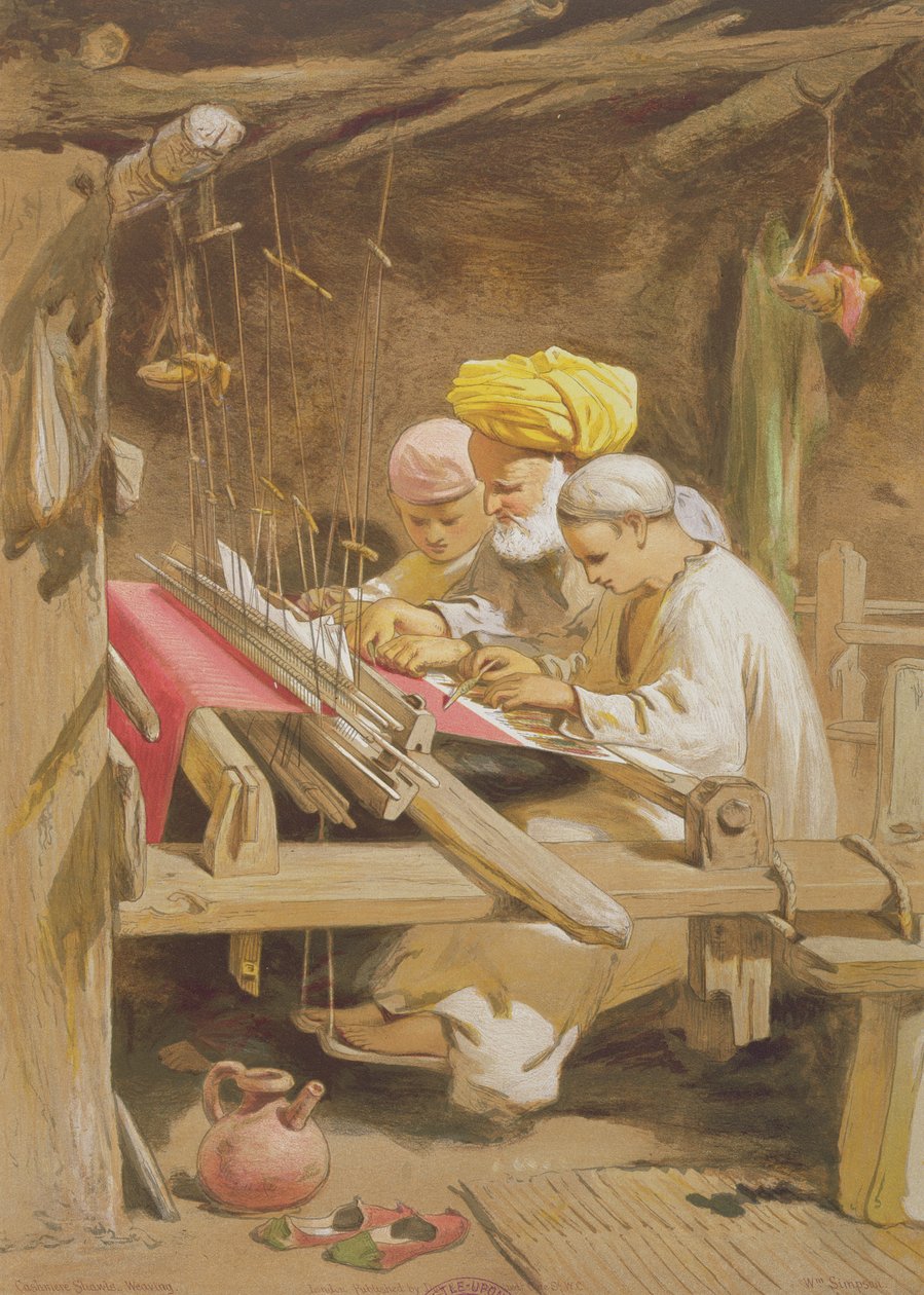 羊绒披肩：编织，1863年（chromolitho） 作者 威廉·克里米亚·辛普森