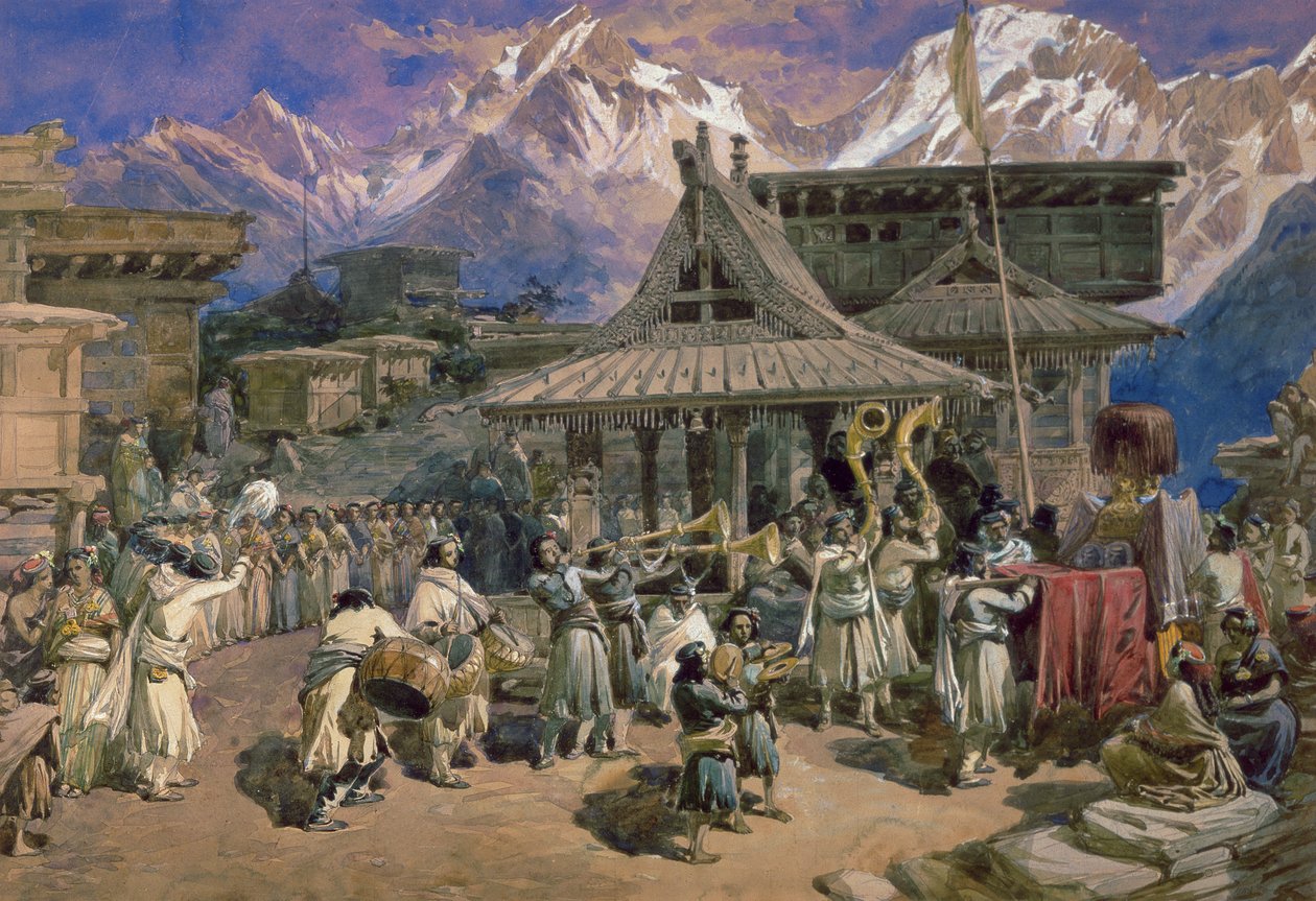 Puja在Chini Bashahr，喜马拉雅山，c.1859-66（wc） 作者 威廉·克里米亚·辛普森