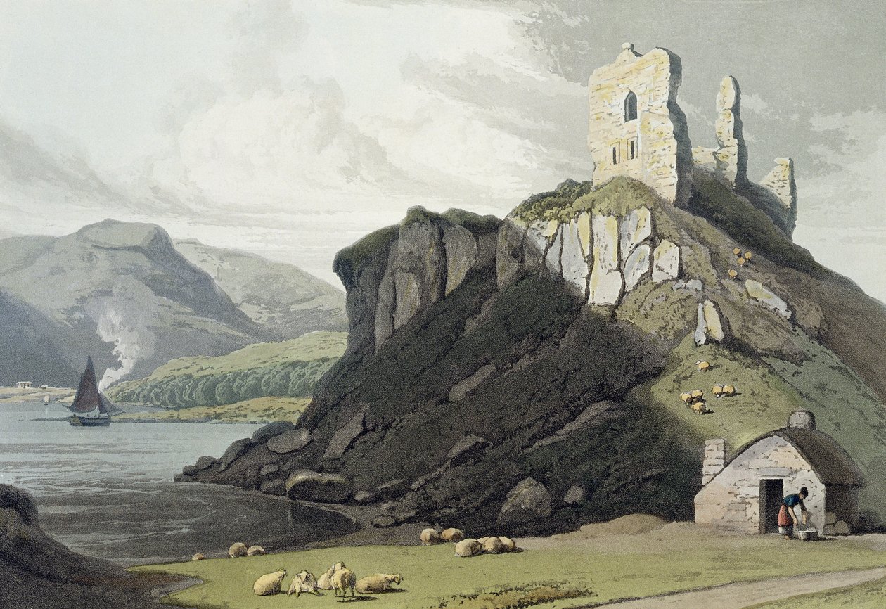 阿尔罗斯城堡，马尔岛，1814年1814年至1825年间“英国周围的航行”，1818年在伦敦出版（手工彩色雕刻） 作者 威廉·丹尼尔
