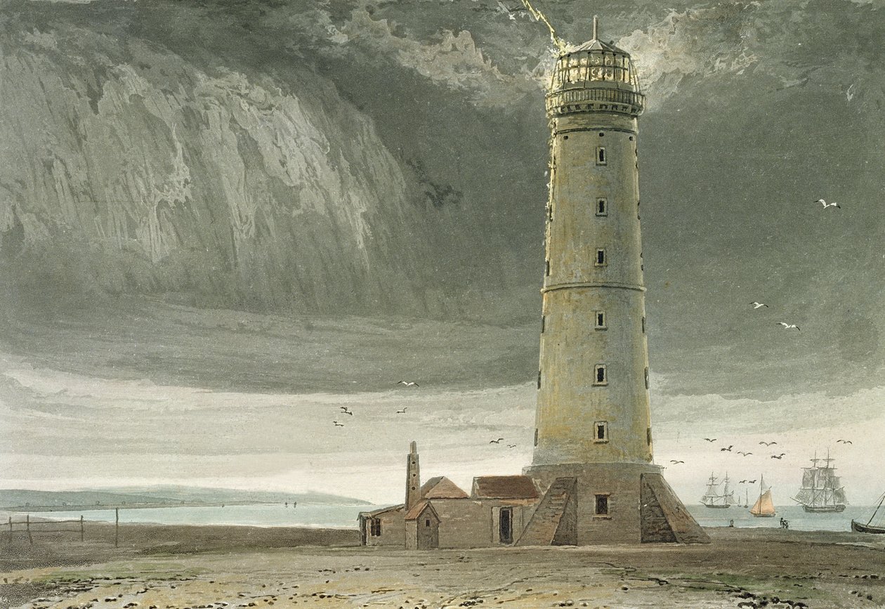 Dungeness灯塔，来自1814年至1825年间“英国各地的航行”，1829年出版（手工彩色雕刻） 作者 威廉·丹尼尔