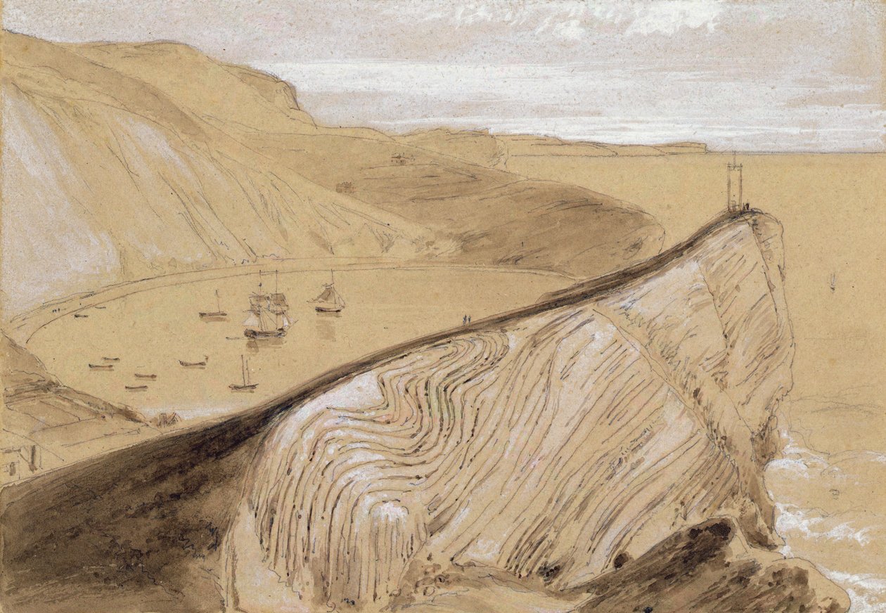 Lulworth Cove（米色编织纸上的水粉，水粉和石墨） 作者 威廉·丹尼尔