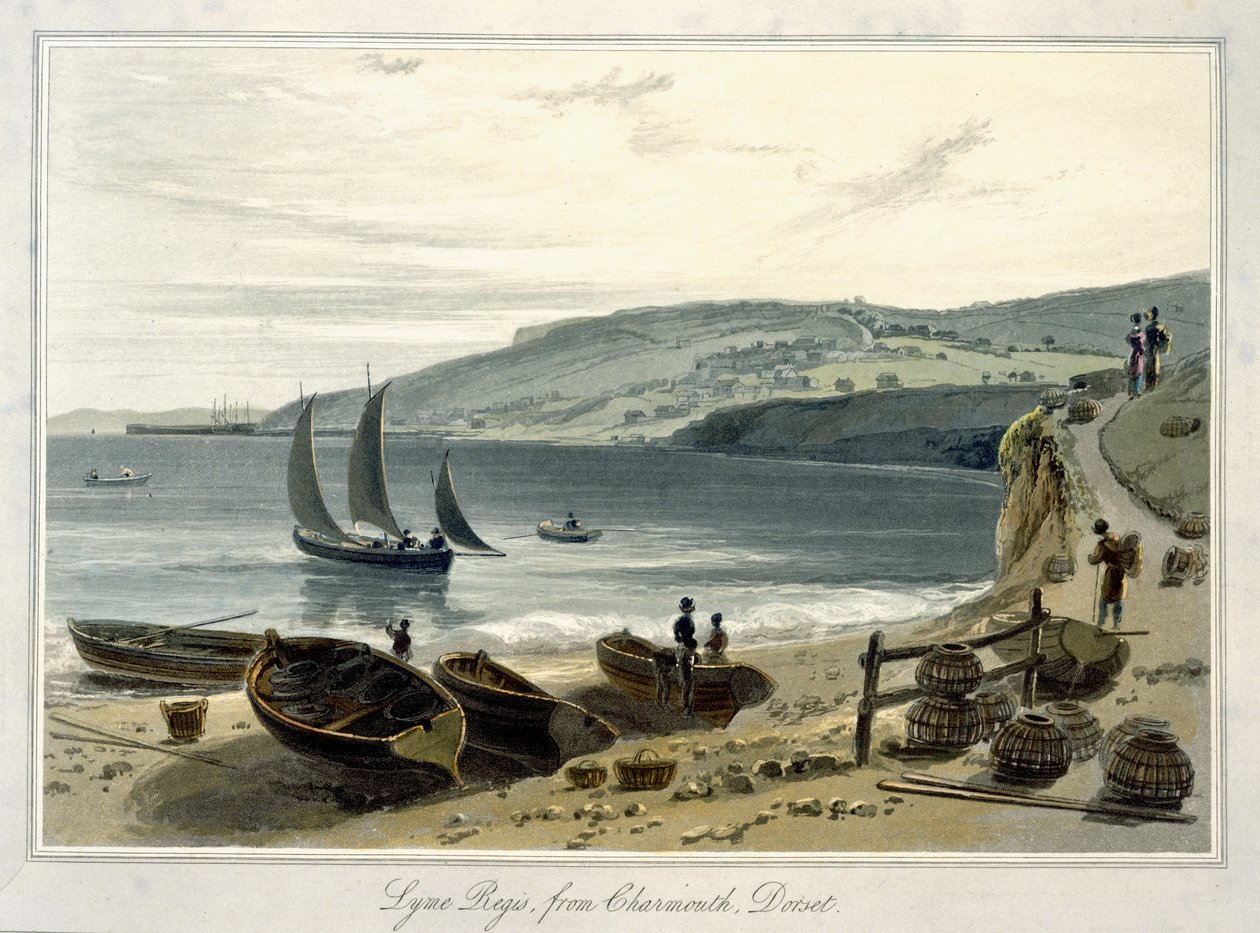 来自多塞特郡Charmouth的莱姆里吉斯，来自“1814年到1825年之间的英国之旅”（aquatint） 作者 威廉·丹尼尔