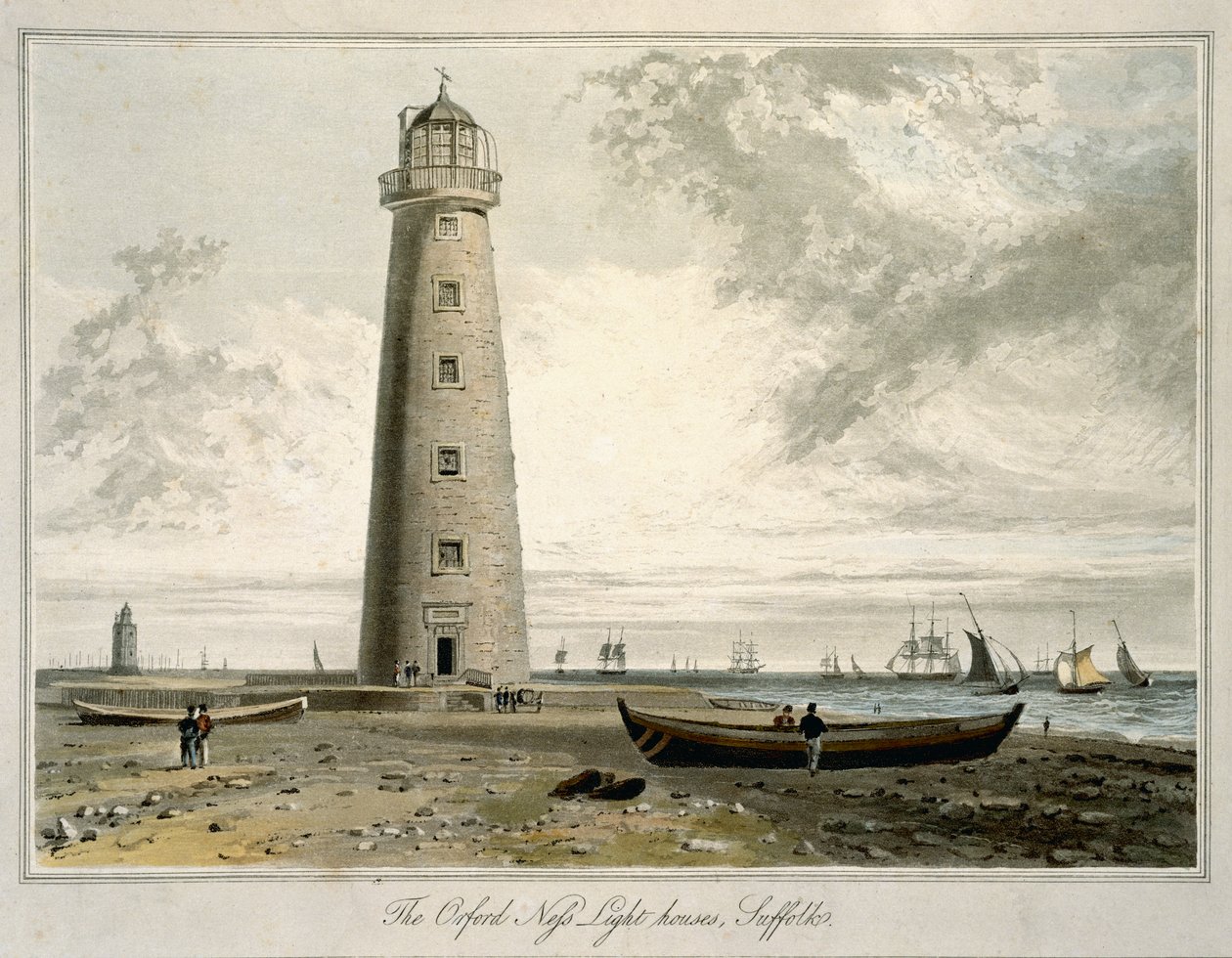 萨福克郡的Orford Nefs灯塔，出自1814年出版的“英国1814年至1825年之间的航行”第六卷（aquatint） 作者 威廉·丹尼尔