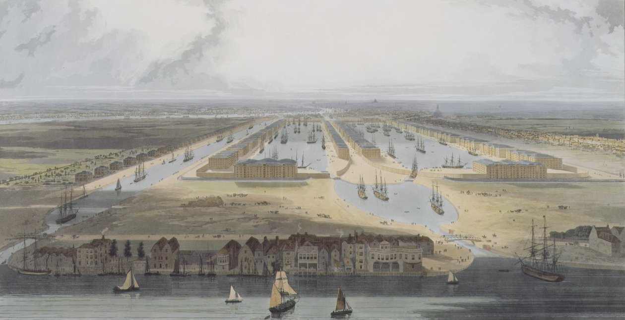 西印度贸易码头，来自“伦敦码头六景”，1802年（彩色aquatint） 作者 威廉·丹尼尔