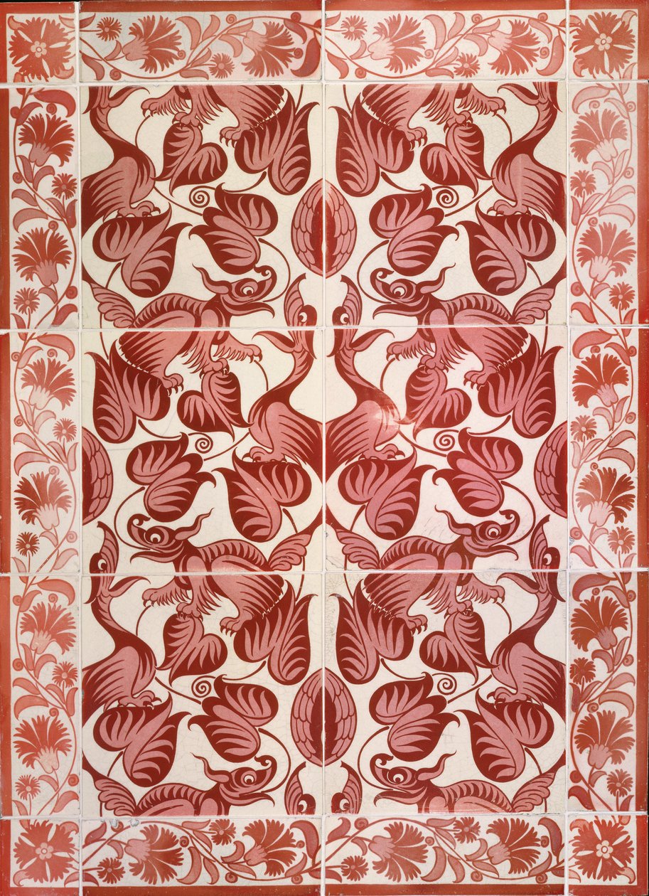 C.4-1941鸟类，龙和植物重复图案的瓷砖面板，c.1882-88（带有光泽釉的陶器） 作者 威廉·德·摩根