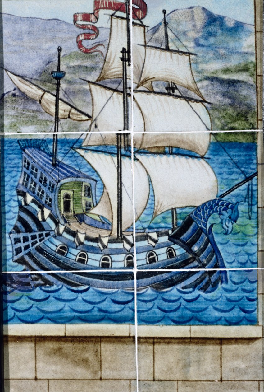 描绘大帆船（陶瓷）的六块瓷砖 作者 威廉·德·摩根