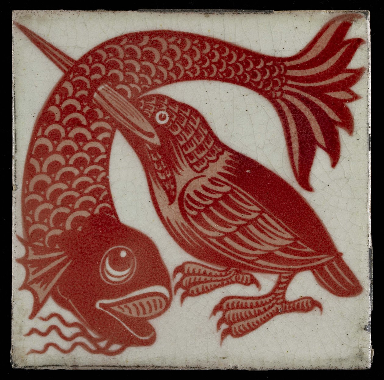 翠鸟与鸟喙通过鱼，1882年至1888年（红色和白色lustreware） 作者 威廉·德·摩根