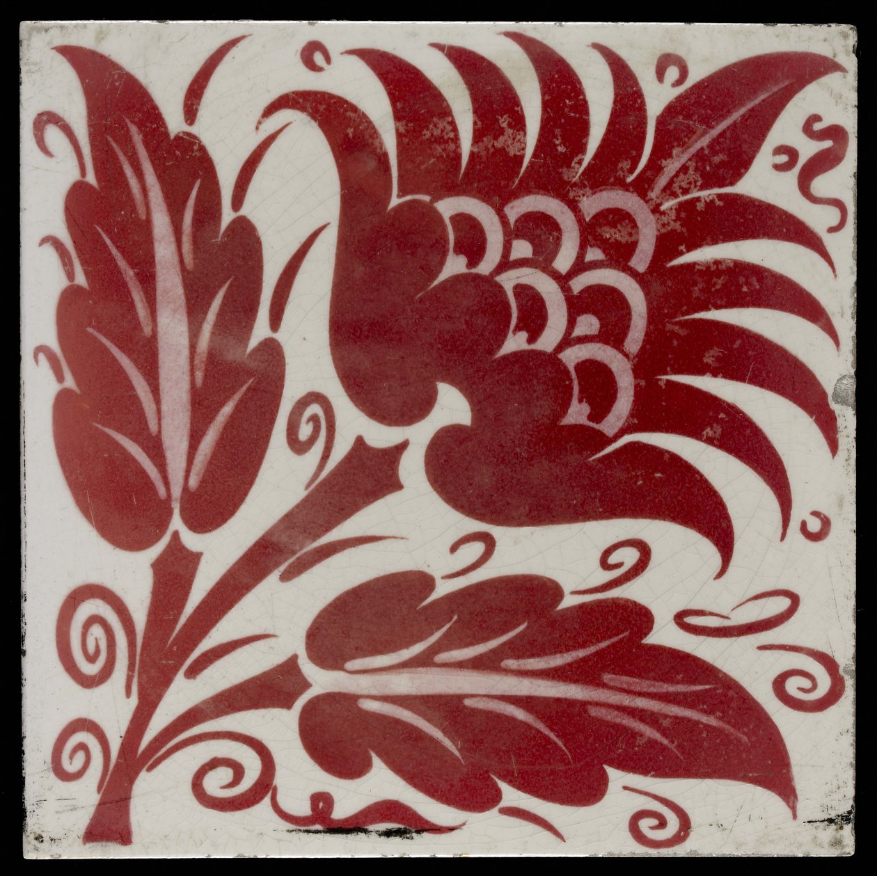 平铺与程式化花与两片叶子和卷须，1882-88（红色和白色lustreware） 作者 威廉·德·摩根