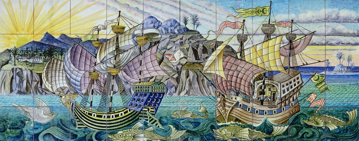 描绘大帆船的瓷砖，1888-97（陶瓷） 作者 威廉·德·摩根