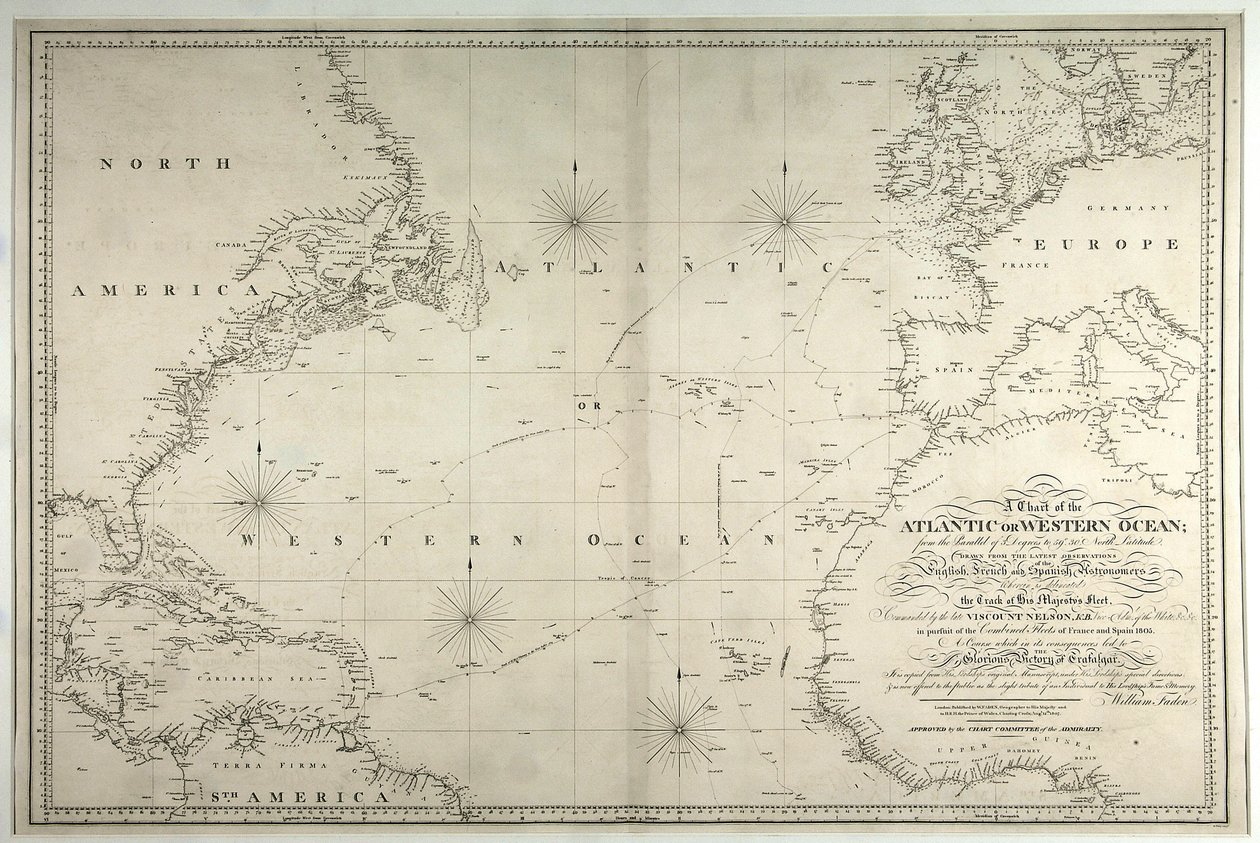 1805年5月12日至8月15日，1807年的大西洋或西洋海图，显示了Nelsons舰队的轨迹 作者 威廉·法登