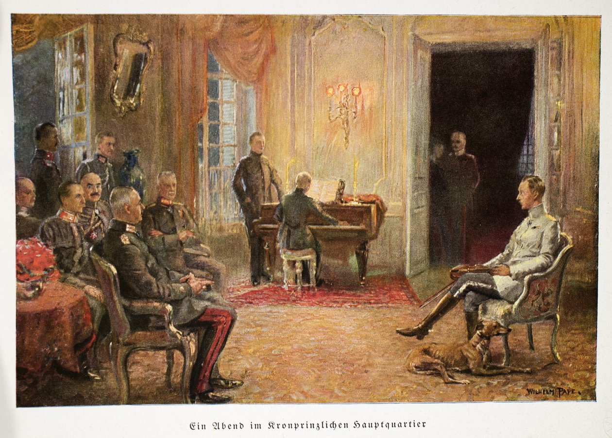 德国王储威廉在他的总部酒吧听钢琴演奏会。 1917年（彩色石版画） 作者 威廉·弗里德里希·乔治·帕佩