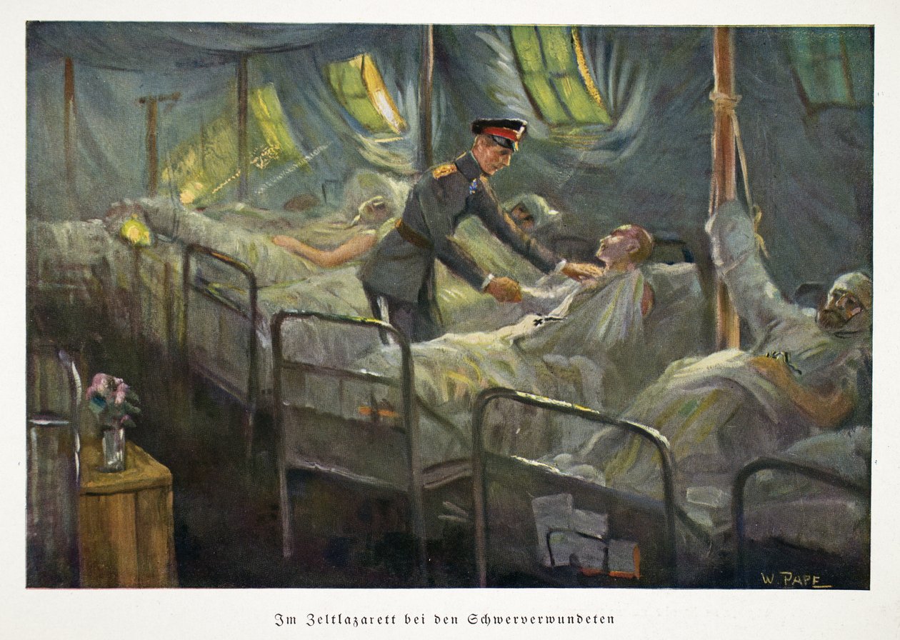 德国王储威廉在一家野战医院酒吧拜访受伤的部队。 c1917（彩色石版画） 作者 威廉·弗里德里希·乔治·帕佩